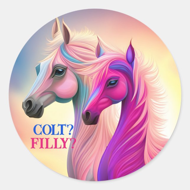 Pink Filly & Blue Colt Western Style Gender Reveal Runder Aufkleber (Vorderseite)