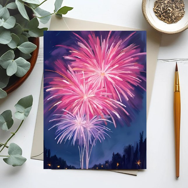 Pink Fireworks | Happy New Year Watercolor Postkarte (Von Creator hochgeladen)