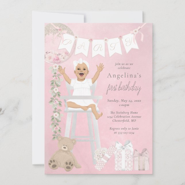 Pink First Birthday Baby Girl Einladung (Vorderseite)