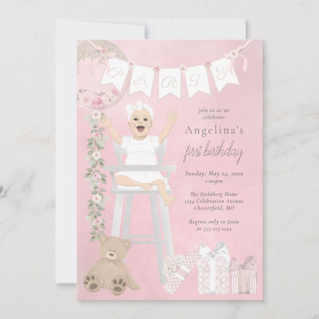 Pink First Birthday Baby Girl Einladung (Vorderseite)