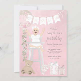 Pink First Birthday Baby Girl Einladung