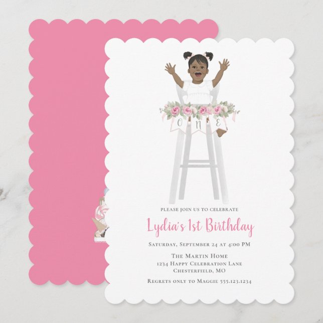 Pink First Birthday Girl Hoher Stuhl Einladung (Vorne/Hinten)