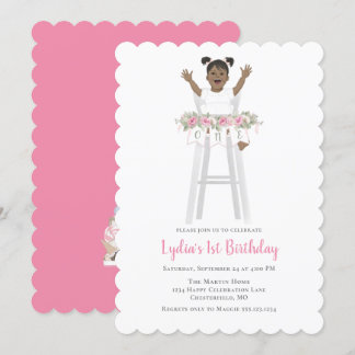 Pink First Birthday Girl Hoher Stuhl Einladung