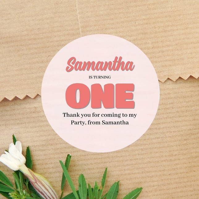 Pink First Birthday Girl Party Floral Runder Aufkleber (First Birthday Party Pink Custom Sticker)