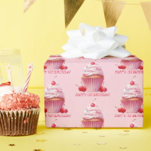 Pink First Cherry & Cupcake Geburtstagsparty Geschenkpapier
