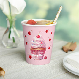 Pink First Cherry & Cupcake Geburtstagsparty Pappbecher