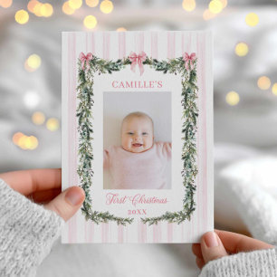 Pink First Christmas Baby Girl Foto Card Karte