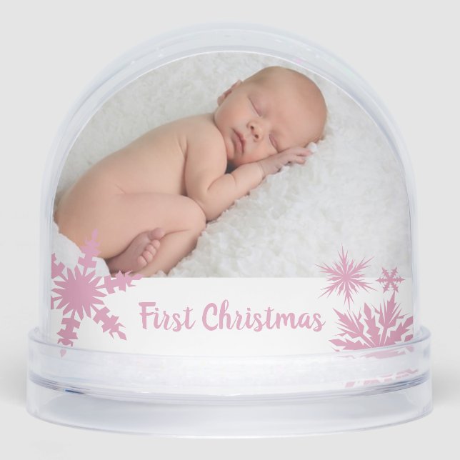 Pink First Christmas Double Foto Schneekugeln (Vorderseite)