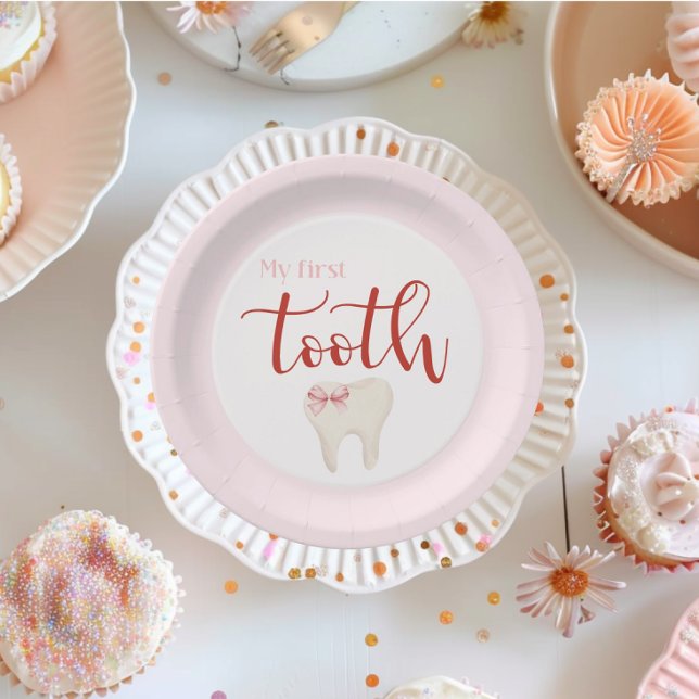 Pink First Tooth Minimalistisch Pappteller (My First Tooth pink plate, with bow, for girl )