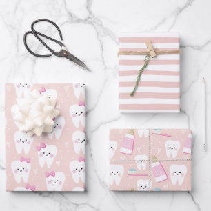Pink First Tooth Wrapping Paper Blatt Set 3