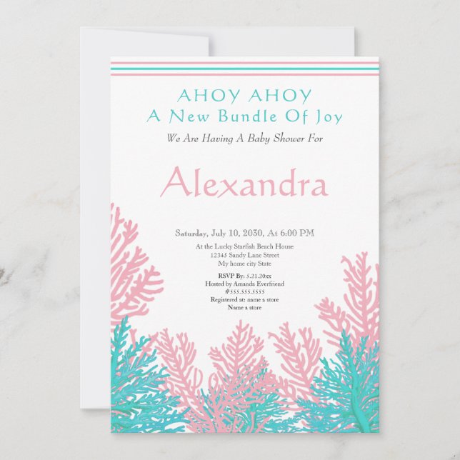 Pink Fish, Aquamarin Coral Ahoy Baby Dusche Einlad (Vorderseite)