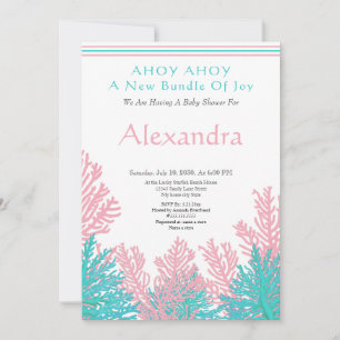 Pink Fish, Aquamarin Coral Ahoy Baby Dusche Einlad