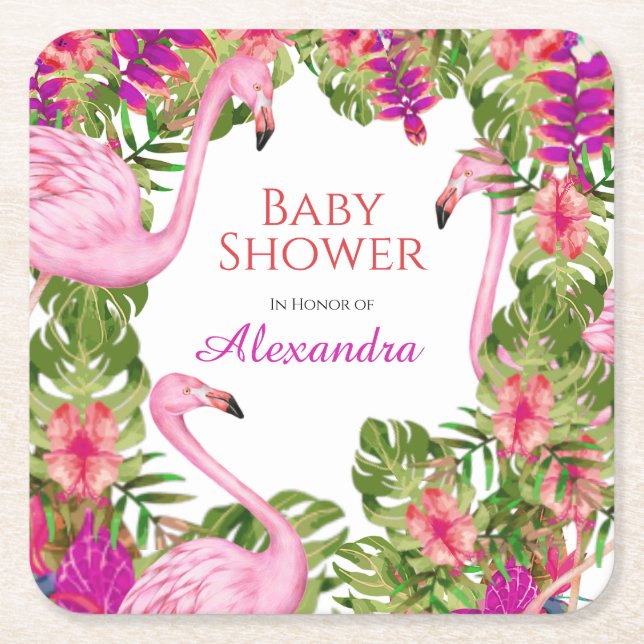 Pink Flaming Tropical Wildlife Girl Baby Dusche Rechteckiger Pappuntersetzer (Vorderseite)