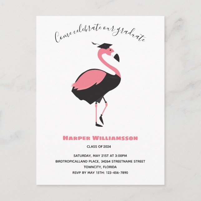 Pink Flamingo Animal Abschluss Einladungspostkarte (Vorderseite)