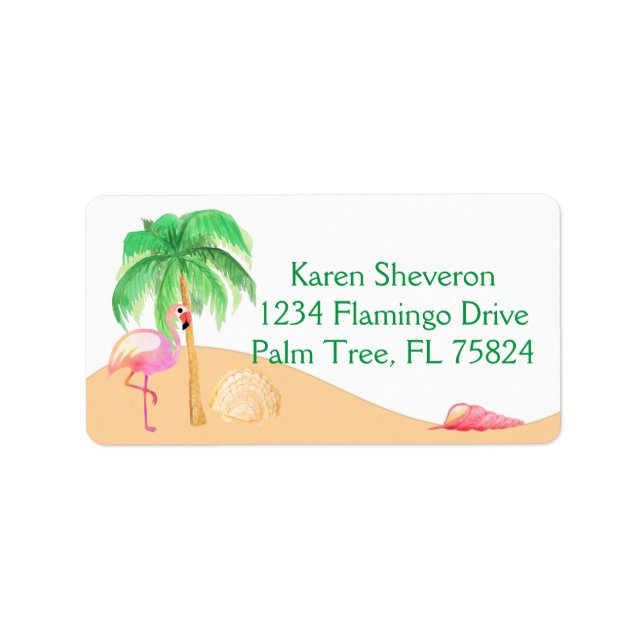 Pink Flamingo auf einem Strandadressenschild Adressaufkleber (Vorne)