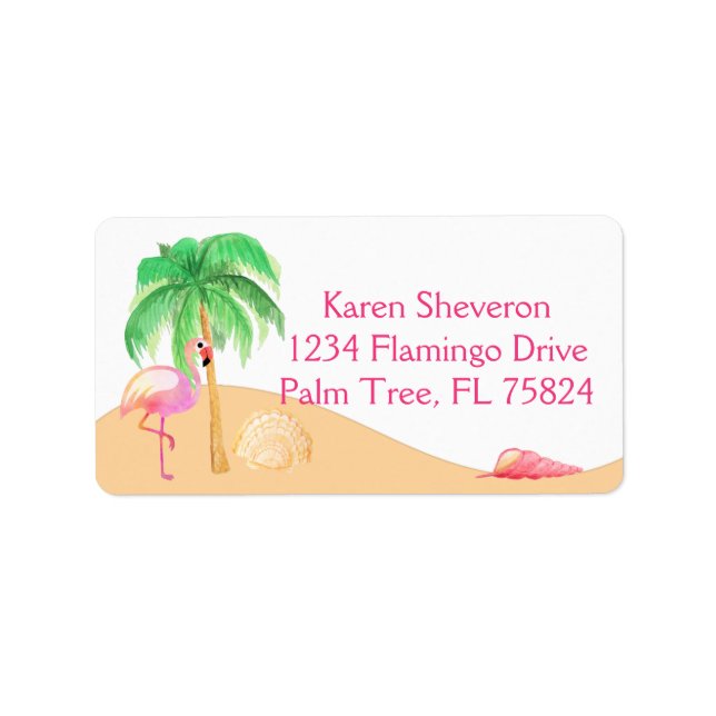 Pink Flamingo auf einem Strandadressenschild Adressaufkleber (Vorne)
