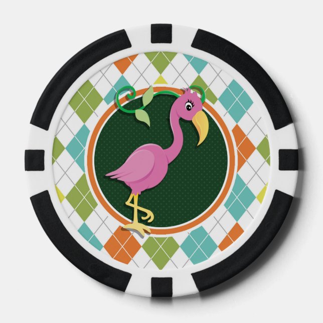 Pink Flamingo auf farbenfrohe Raute Muster Pokerchips (Vorderseite)