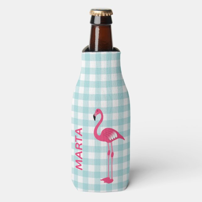 Pink Flamingo auf Gingham Flasche Cooler Flaschenkühler (Flaschenvorderseite)
