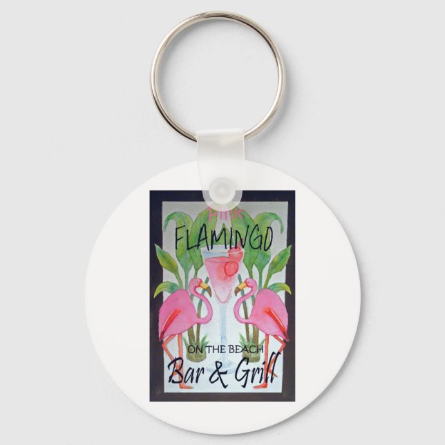 Pink Flamingo Bar & Grill Beach Drink Thema Schlüsselanhänger (Vorderseite)