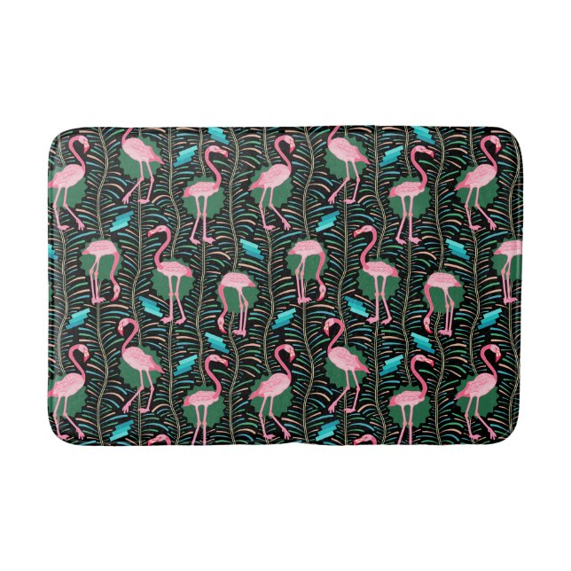 Pink Flamingo Birds 20s Deko Ferns Pattern Black Badematte (Vorderseite)