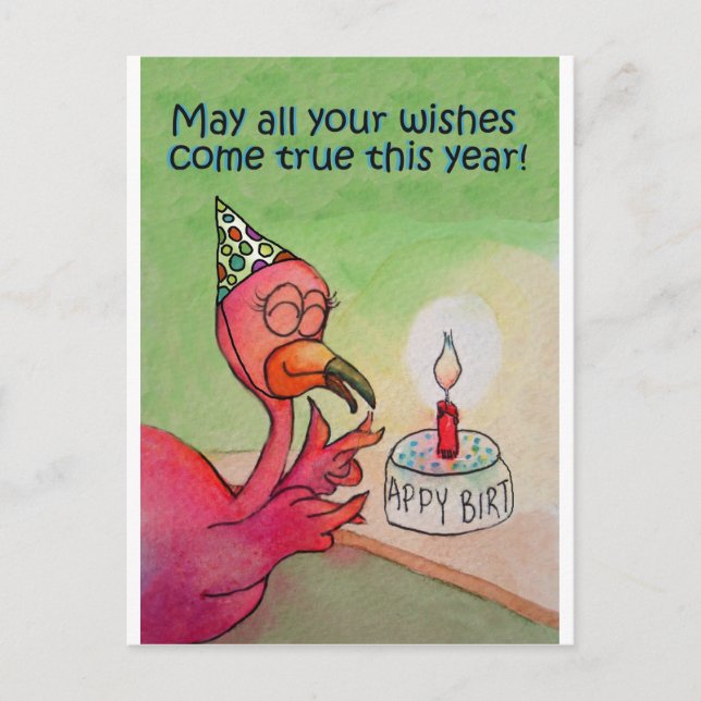 Pink Flamingo Birthday Wish Watercolor Card Postkarte (Vorderseite)