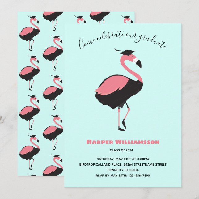 Pink Flamingo Blue Animal Abschluss Einladung (Vorne/Hinten)