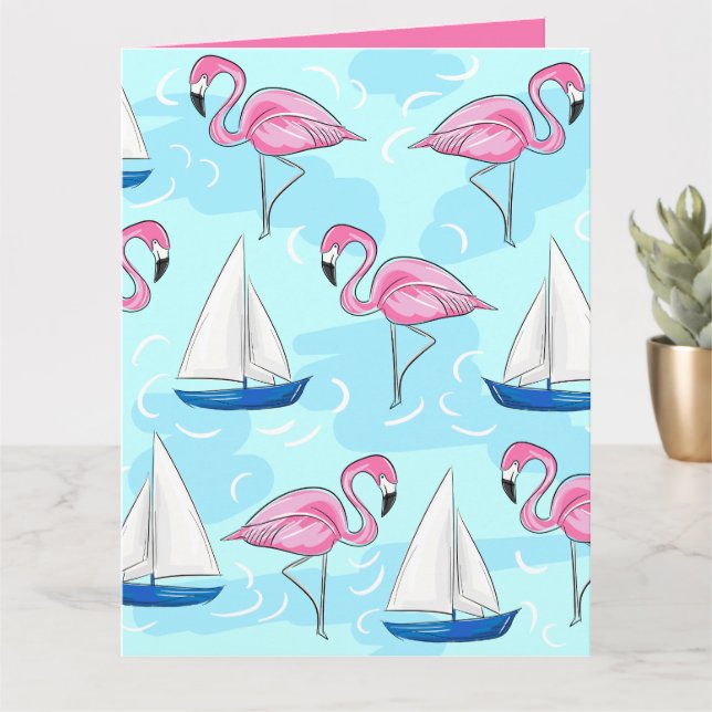 Pink Flamingo Blue Sailboat Preppy Karte (Kleine Pflanze)