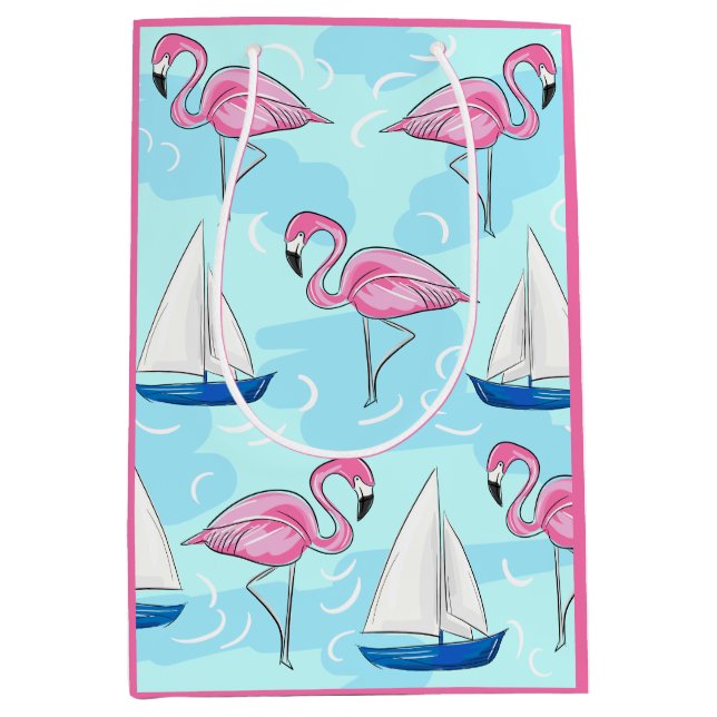 Pink Flamingo Blue Sailboat Preppy Mittlere Geschenktüte (Vorderseite)