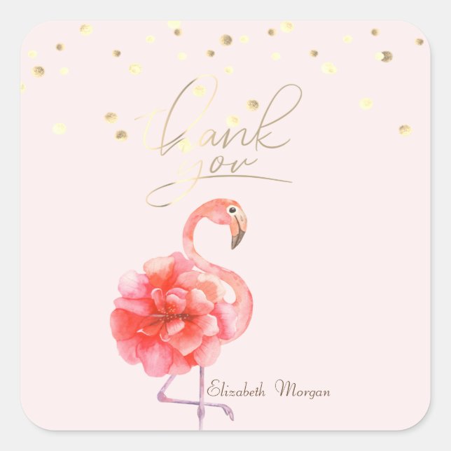 Pink Flamingo Blume, Gold Confetti Vielen Dank Quadratischer Aufkleber (Vorderseite)