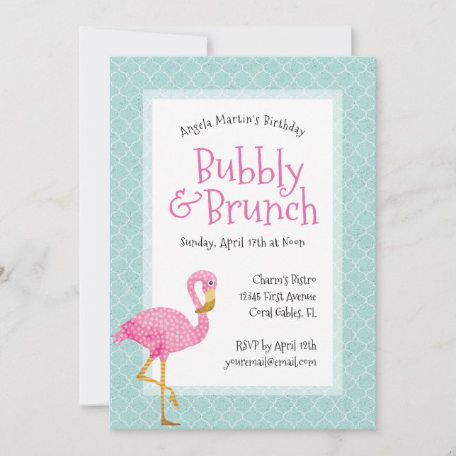 Pink Flamingo Bubbly Birthday Brunch Einladung (Vorderseite)