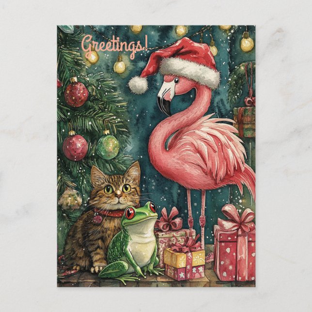 Pink Flamingo Cat & Frosch Tropische Weihnachten (Vorderseite)