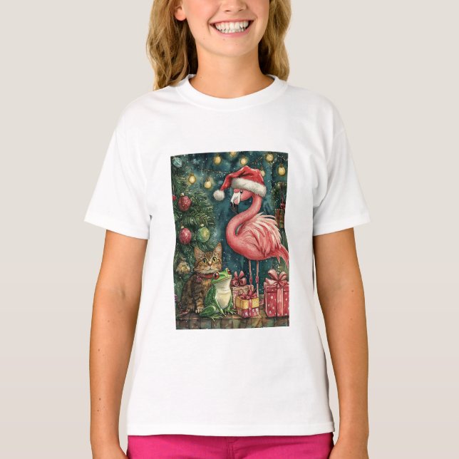 Pink Flamingo Cat & Frosch Tropische Weihnachten T-Shirt (Vorderseite)