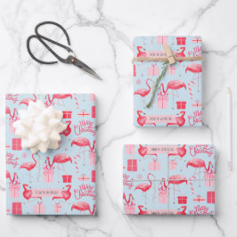 Pink Flamingo Christmas Retro Pastel Blue Geschenkpapier Set
