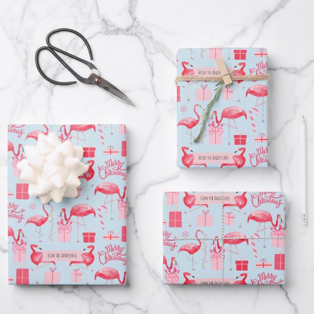 Pink Flamingo Christmas Retro Pastel Blue Geschenkpapier Set (Vorderseite)