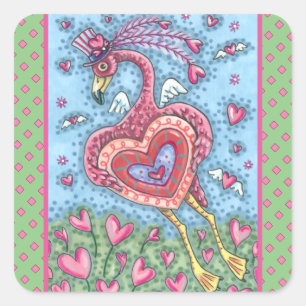 PINK FLAMINGO CUPID AND FLYYY HEARTS VALENTINE QUADRATISCHER AUFKLEBER