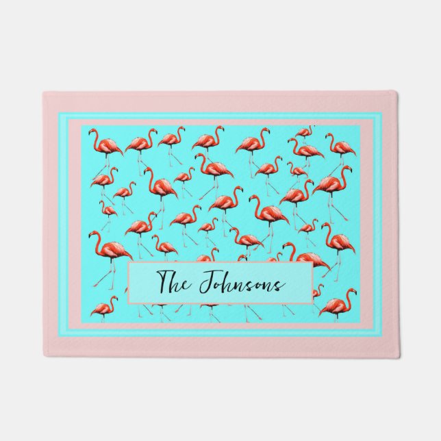 Pink Flamingo Design Custom Family Name Summer Fußmatte (Vorderseite)