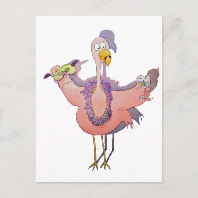 Pink Flamingo Drink Mardi Gras Wasserfarbe Pastell Postkarte (Vorderseite)