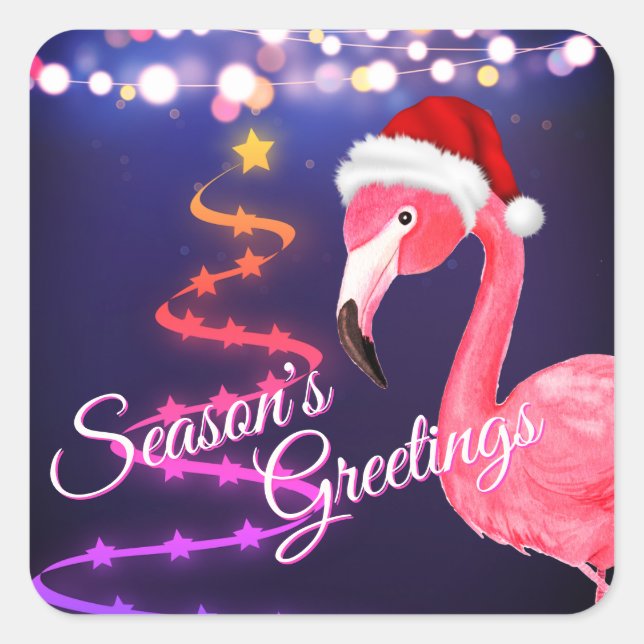 Pink Flamingo Festive Tropical Beach Weihnachten Quadratischer Aufkleber (Vorderseite)