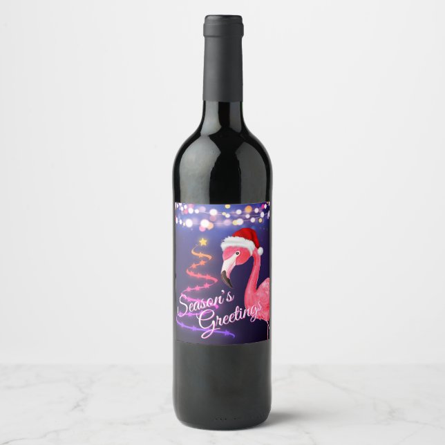Pink Flamingo Festive Tropical Beach Weihnachten Weinetikett (Vorderseite)