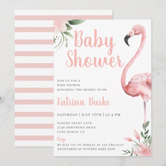 Pink Flamingo Floral Tropical Theme Babydusche Einladung (Vorne/Hinten)