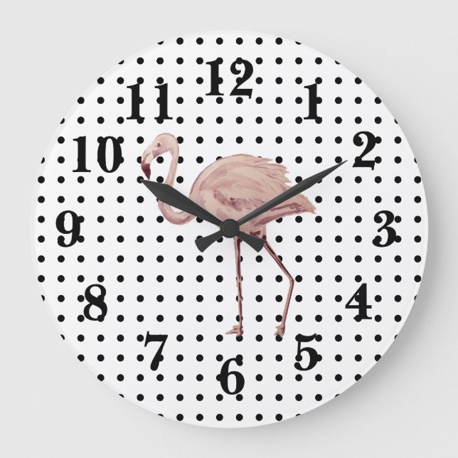 Pink Flamingo Florida Bird Painting Polka Dot Große Wanduhr (Vorderseite)