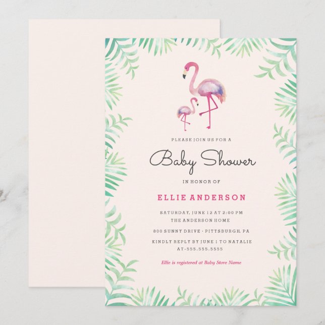 Pink Flamingo Girl Kinderdusche Einladung (Vorne/Hinten)