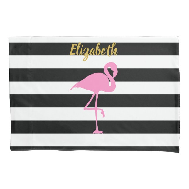 Pink Flamingo Gold Script Schwarz-weiße Streifen Kissenbezug (Vorderseite)