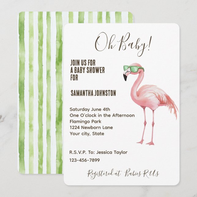 Pink Flamingo Green White Stripes Baby Dusche Einladung (Vorne/Hinten)