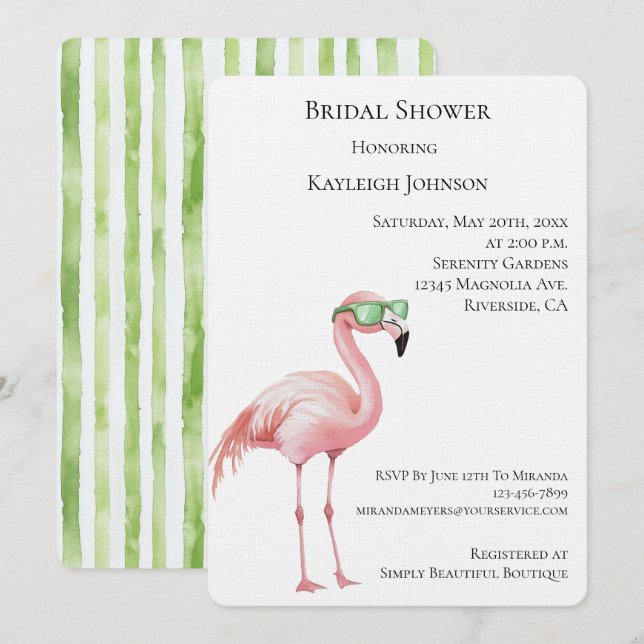 Pink Flamingo Green White Stripes Brautparty Einladung (Vorne/Hinten)