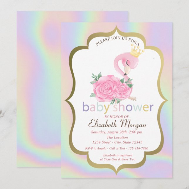 Pink Flamingo, Holographic Baby Shower Einladung (Vorne/Hinten)