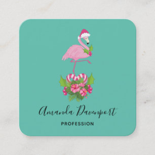 Pink Flamingo in der Weihnachtsmannmütze Whimsisc Quadratische Visitenkarte