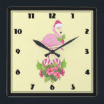Pink Flamingo in der Weihnachtsmannmütze Whimsisch Quadratische Wanduhr<br><div class="desc">Eine Uhr mit einem tropischen Thema Weihnachtsbramingo mit einer rosa Weihnachtsmannmütze. Unter den Füßen befindet sich ein Bonbons mit hübschen tropischen Blume und rosa Beeren. Ein Zwerg Heiliger auf der Brust.</div>