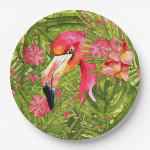 Pink Flamingo in Palm und Monsterle Pappteller