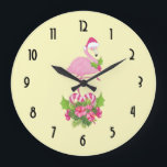 Pink Flamingo in Santa Hat Whimsical Christmas Große Wanduhr<br><div class="desc">A clock with a tropical themed Christmas flamingo wearing a pink santa hat. Underneath its feet is a candy cane bouquet with pretty tropical flowers and pink berries. A sprig of holly on its chest.</div>